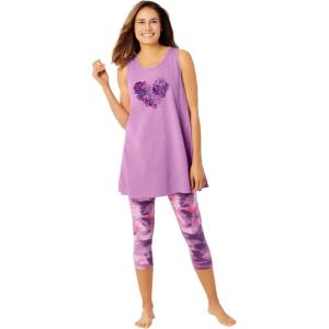 Dreams & Co. Plus Size Scoopneck Tank & Capri Legging PJ Set(Plum Burst Tie Dye)