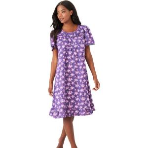 Dreams & Co. Plus Size Short Floral Print Cotton Gown(Plum Burst Bouquet)