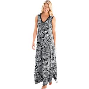 Dreams & Co. Plus Size Trapeze V-Neck Lounger(Black White Flower)