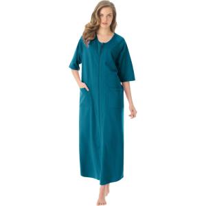 Dreams & Co. Women’s Plus Size Long French Terry Zip-Front Robe (Petite Available)(Deep Teal)