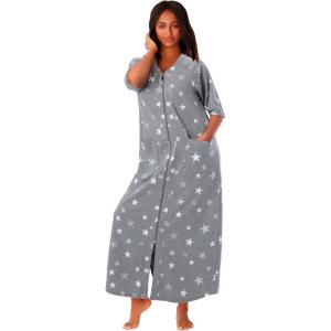 Dreams & Co. Women’s Plus Size Long French Terry Zip-Front Robe (Petite Available)(Heather Grey Stars)