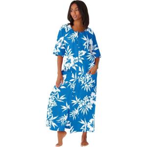 Dreams & Co. Women’s Plus Size Long French Terry Zip-Front Robe (Petite Available)(Pool Blue Shadow Floral)