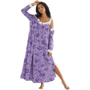 Only Necessities Plus Size Long 2-Piece Cabbage-Rose Peignoir Set(Soft Iris Floral)