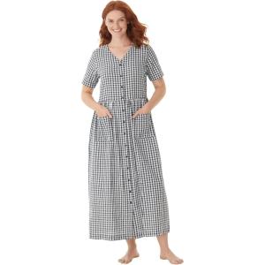 Only Necessities Plus Size Long Seersucker Lounger(Black White Gingham)