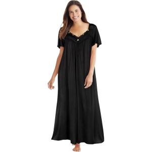 Only Necessities Plus Size Long Silky Lace-Trim Gown(Black)