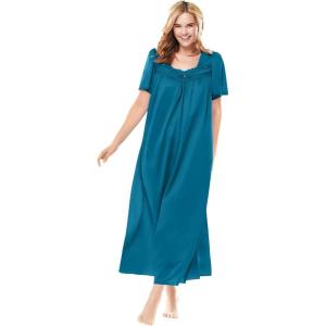 Only Necessities Plus Size Long Silky Lace-Trim Gown(Deep Teal)
