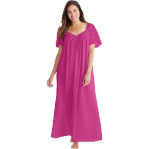 Only Necessities Plus Size Long Silky Lace-Trim Gown(Paradise Pink)