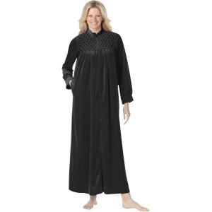 Only Necessities Plus Size Smocked Velour Long Robe(Black)