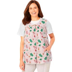 Only Necessities Plus Size Snap-Front Apron(Pink Holiday Print)