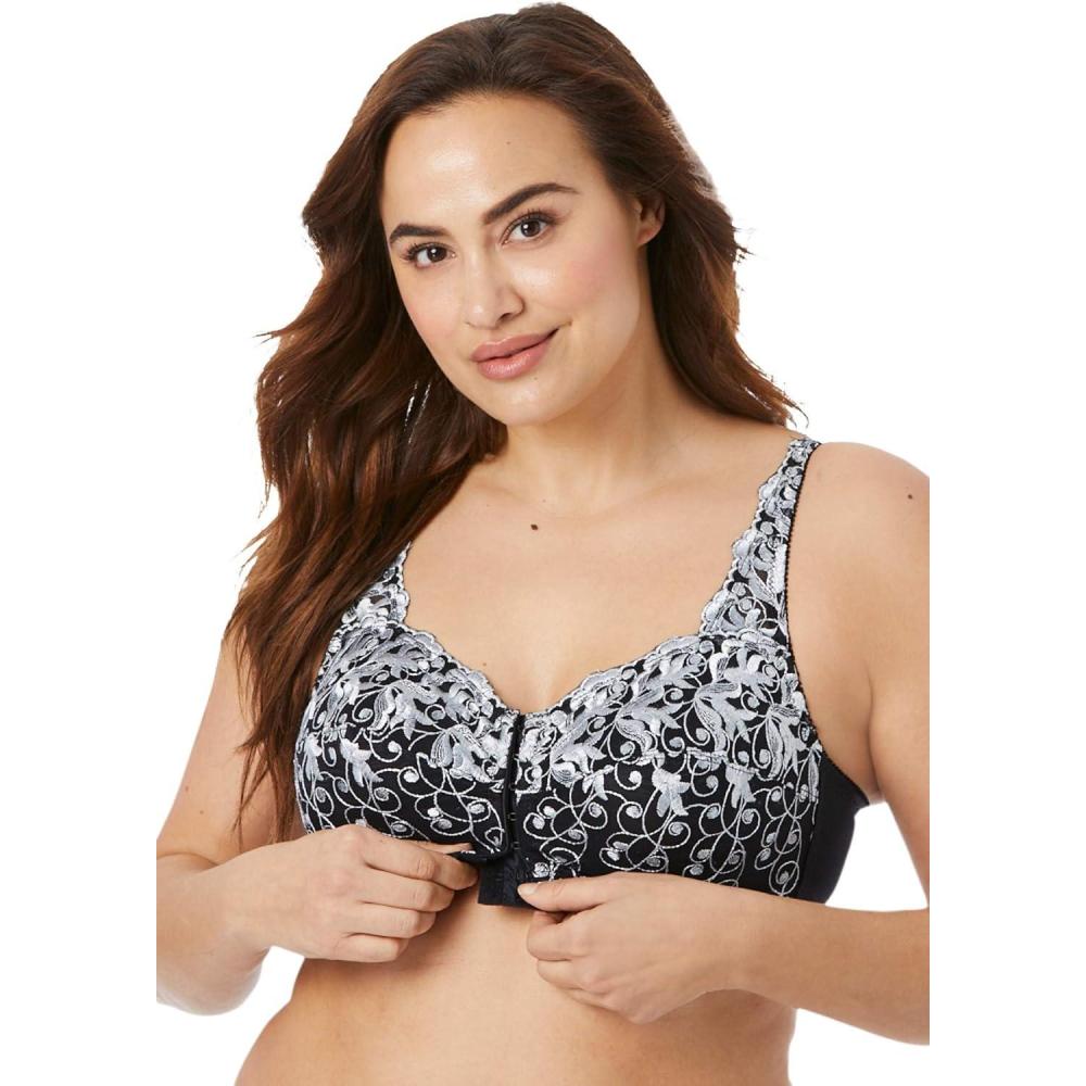 image:imageAmoureuse Womens Plus Size Scroll Embroidered Wireless FrontClose BraBlack Silver