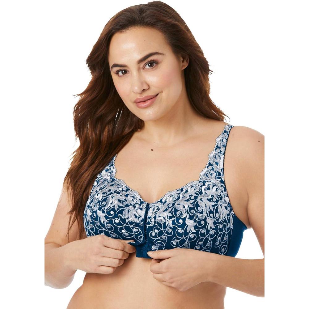 image:imageAmoureuse Womens Plus Size Scroll Embroidered Wireless FrontClose BraEvening Blue Silver