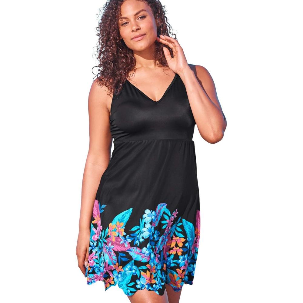 image:imageSwim 365 Womens Plus Size Floral Border Swim DressBlack Paradise Floral
