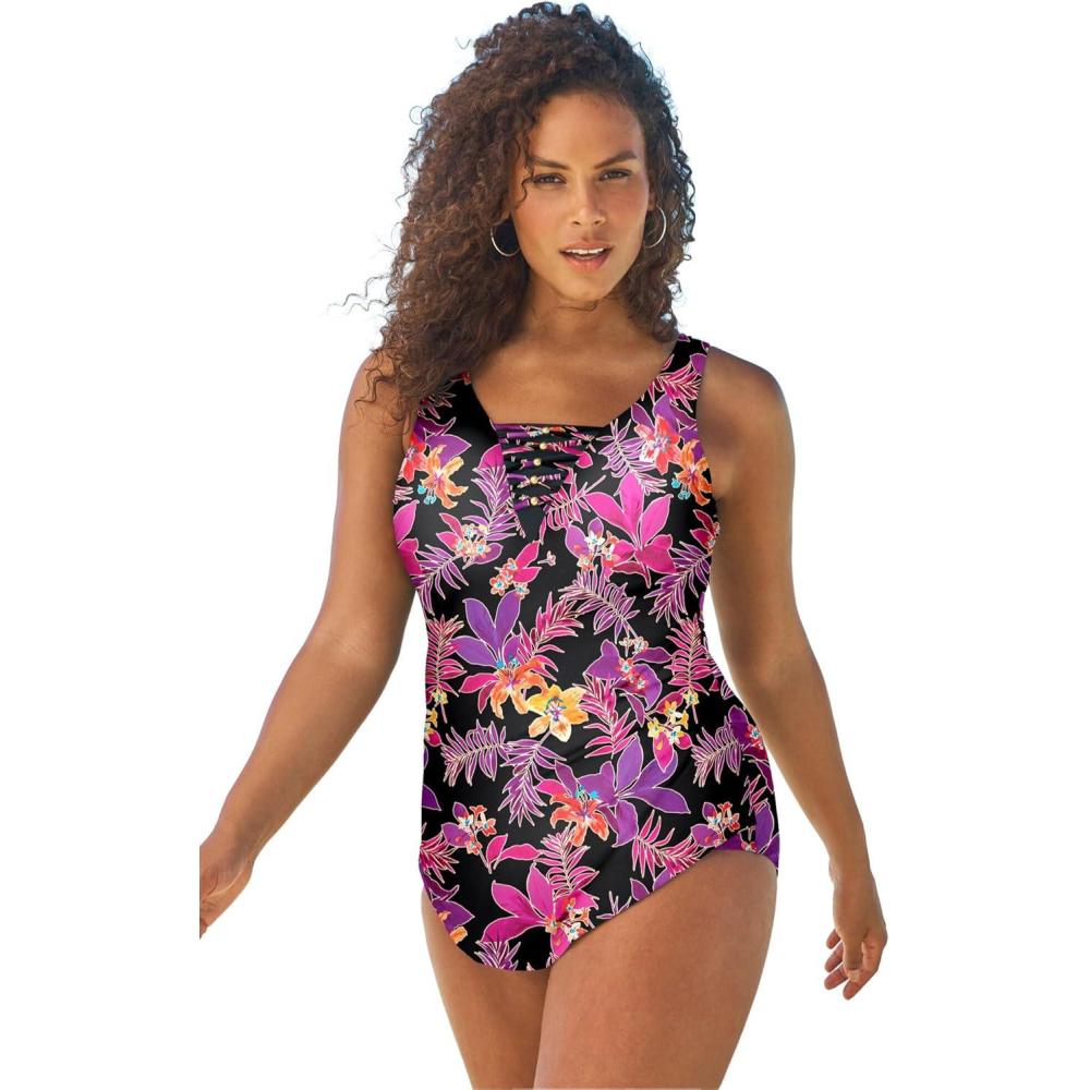 image:imageSwim 365 Womens Plus Size SarongFront SwimsuitPink Neon Floral