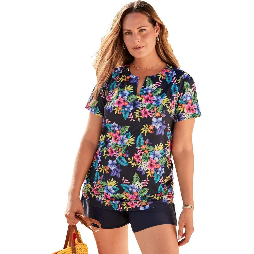 image:imageSwim 365 Womens Plus Size SplitNeck Short Sleeve Swim Tee with Builtin BraNavy Hibiscus