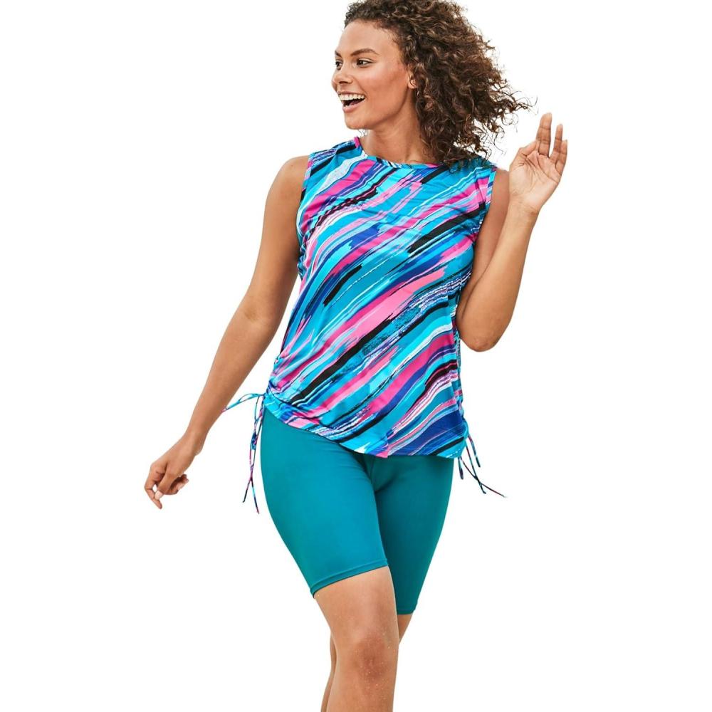 image:imageSwimsuits For All Swim 365 Womens Plus Size Chlorine Resistant Swim Tank Coverup with Side TiesTeal Painterly Stripes