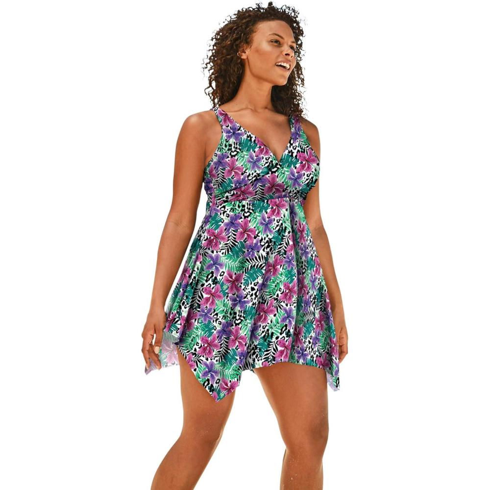 image:imageSwimsuits For All Swim 365 Womens Plus Size HandkerchiefHem TwoPiece Swim DressLeopard Tropical Floral
