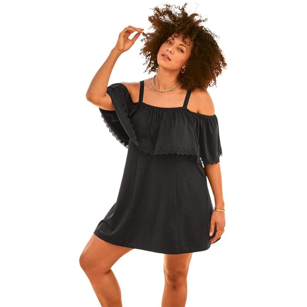 image:imageSwimsuits For All Swim 365 Womens Plus Size LaserCut OffTheShoulder Swim DressBlack