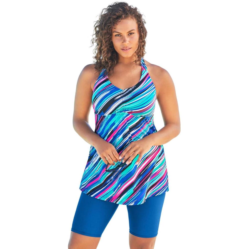 image:imageSwimsuits For All Swim 365 Womens Plus Size Longer Length Braided Tankini TopBerry Turq Stripe