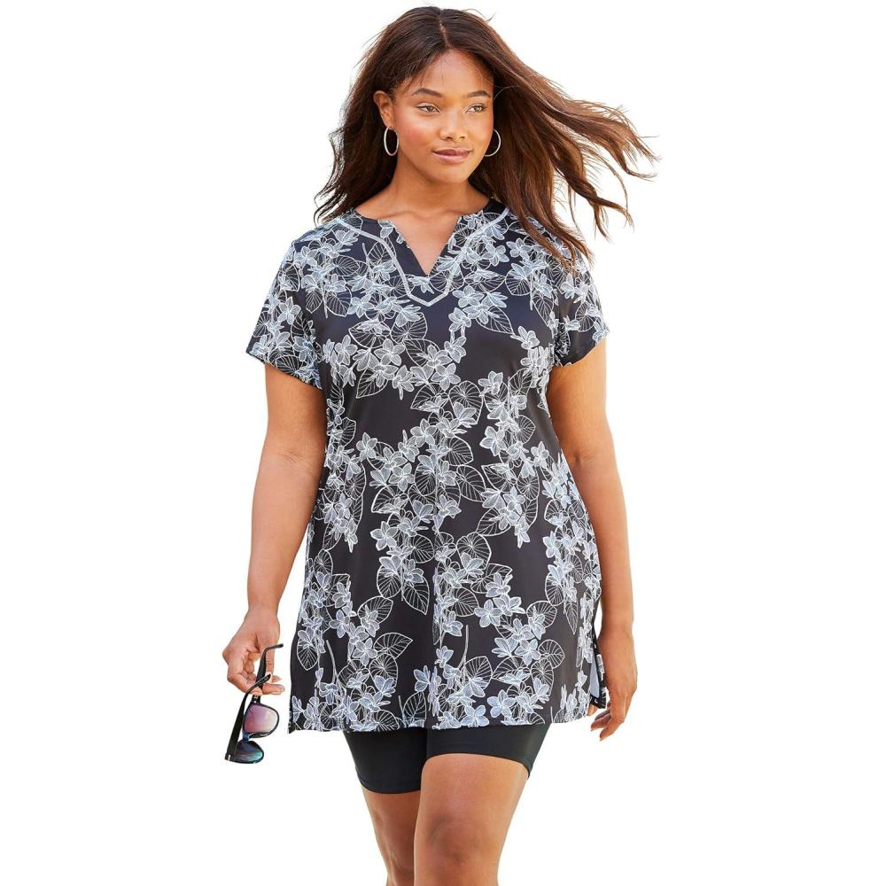 image:imageSwimsuits For All Womens Chlorine Resistant Swim Tunic PlusBlack White Stencil Floral