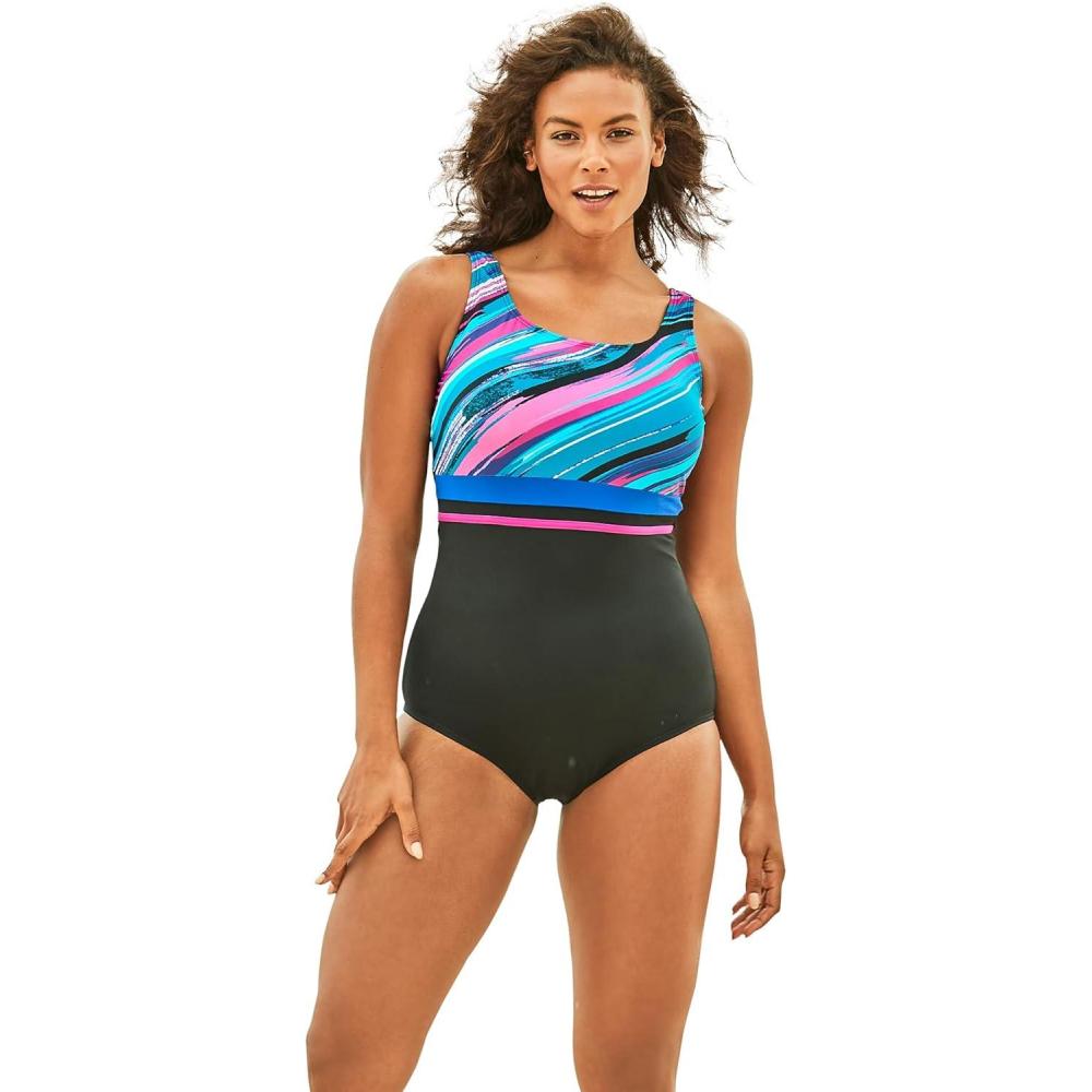 image:imageSwimsuits For All Womens Empire Waist One Piece Swimsuit PlusTeal Painterly Stripe
