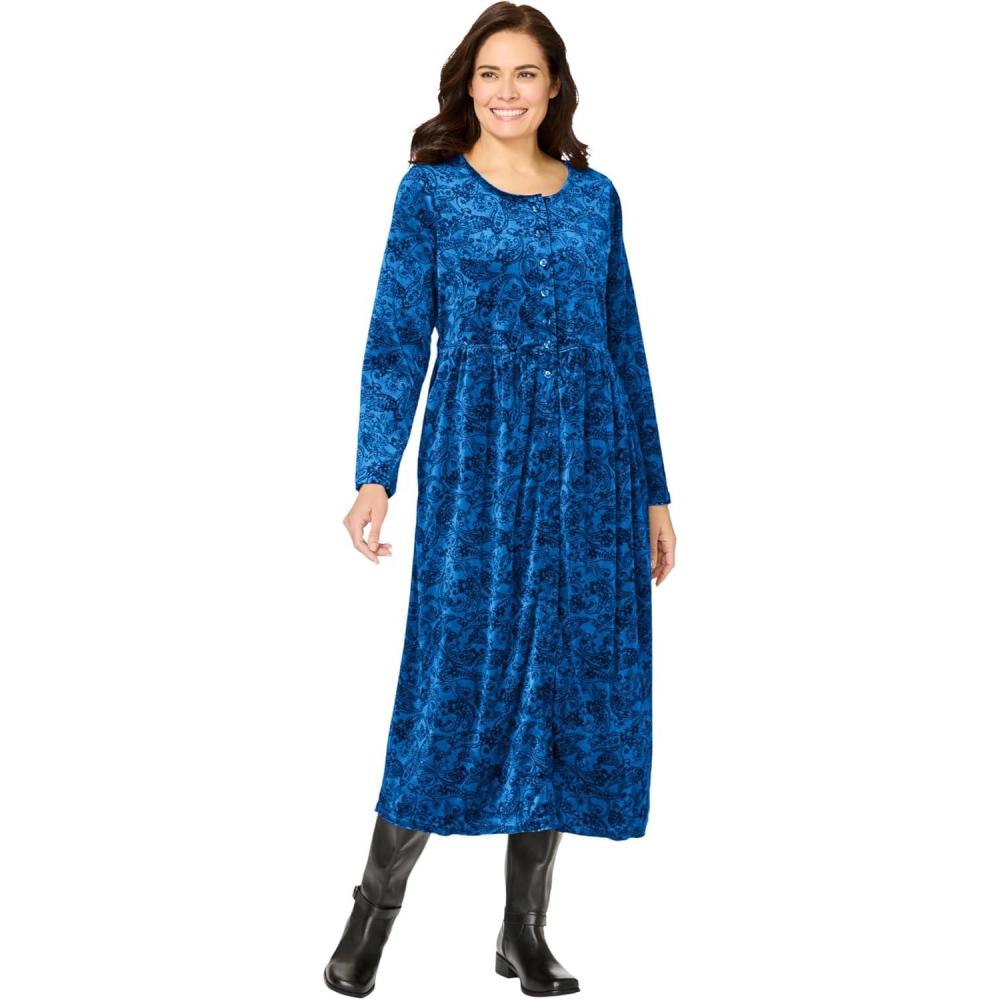 image:imageWoman Within Plus Size 21Button Velour DressBright Cobalt Floral Paisley