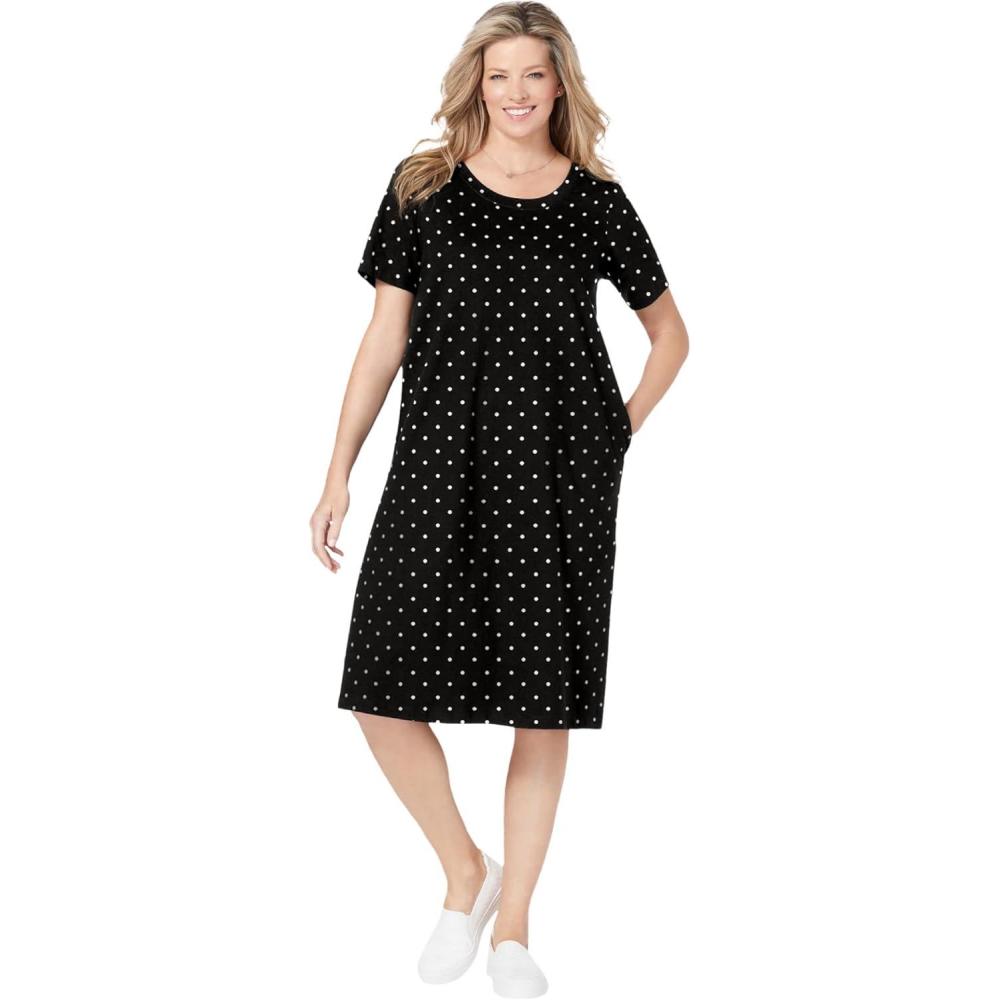 image:imageWoman Within Plus Size Perfect ShortSleeve Crewneck Tee DressBlack Polka Dot
