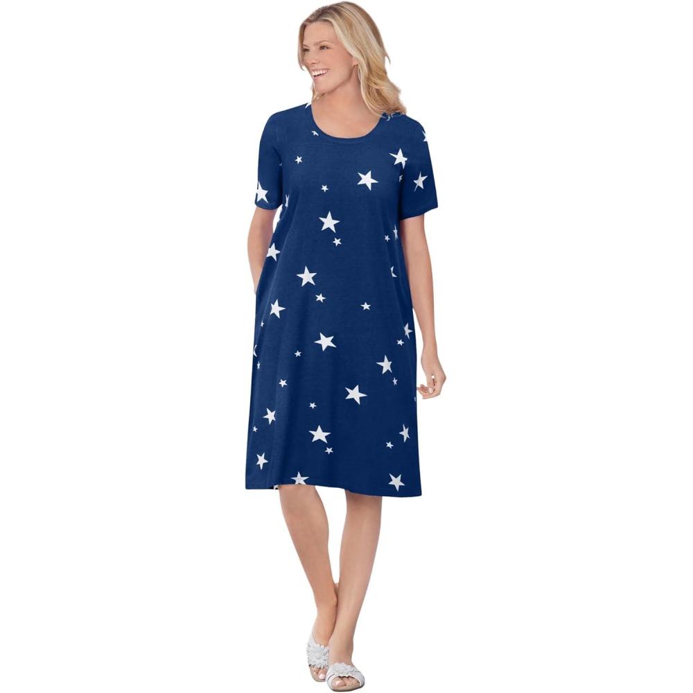 image:imageWoman Within Plus Size Perfect ShortSleeve Crewneck Tee DressEvening Blue Stars