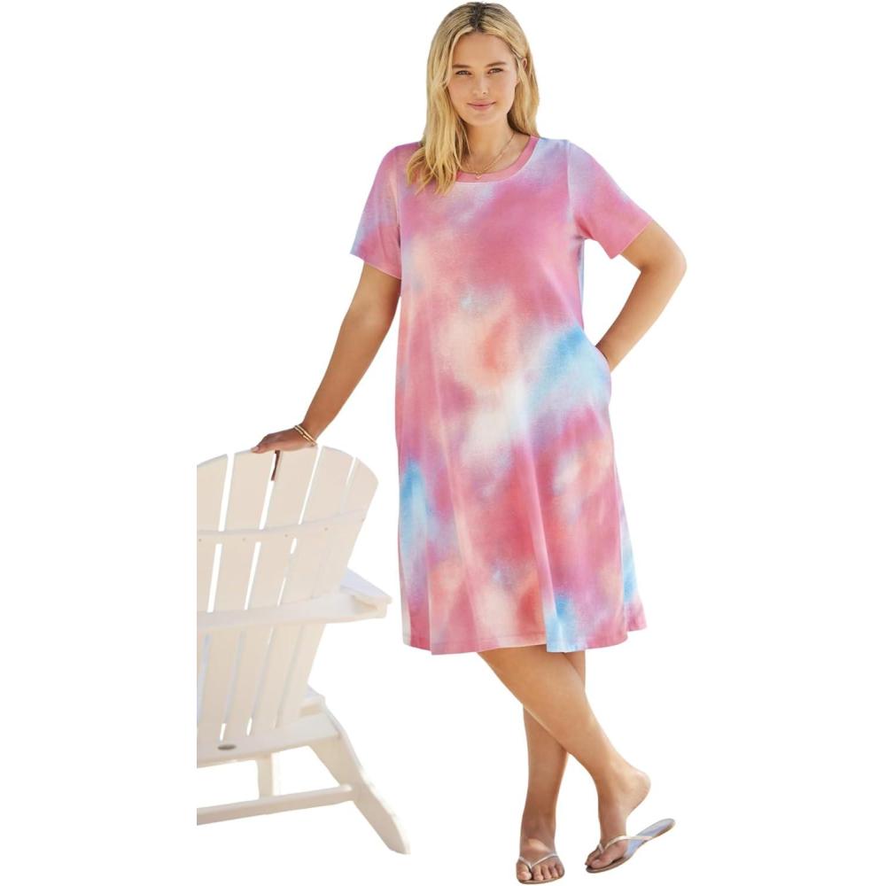 image:imageWoman Within Plus Size Perfect ShortSleeve Crewneck Tee DressPeony Petal Tie Dye