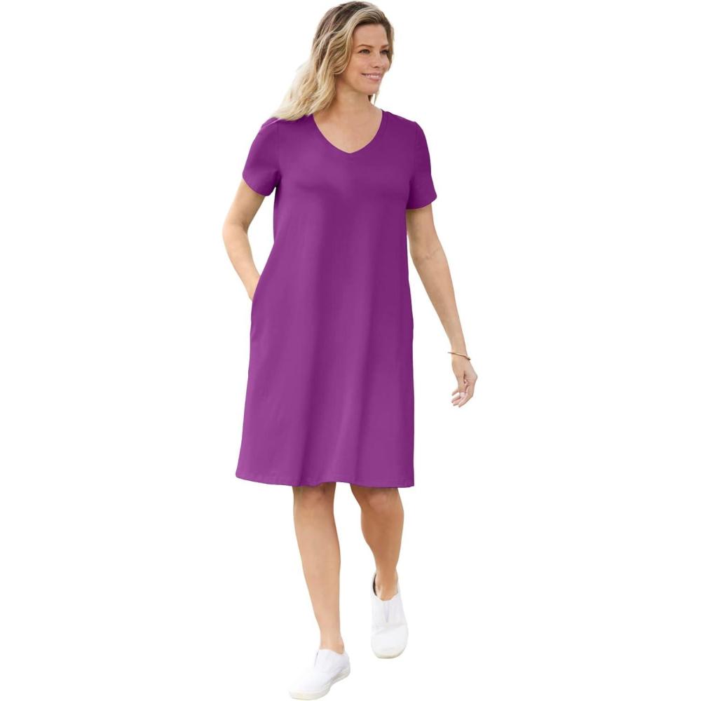image:imageWoman Within Plus Size Perfect ShortSleeve VNeck Tee DressPurple Magenta