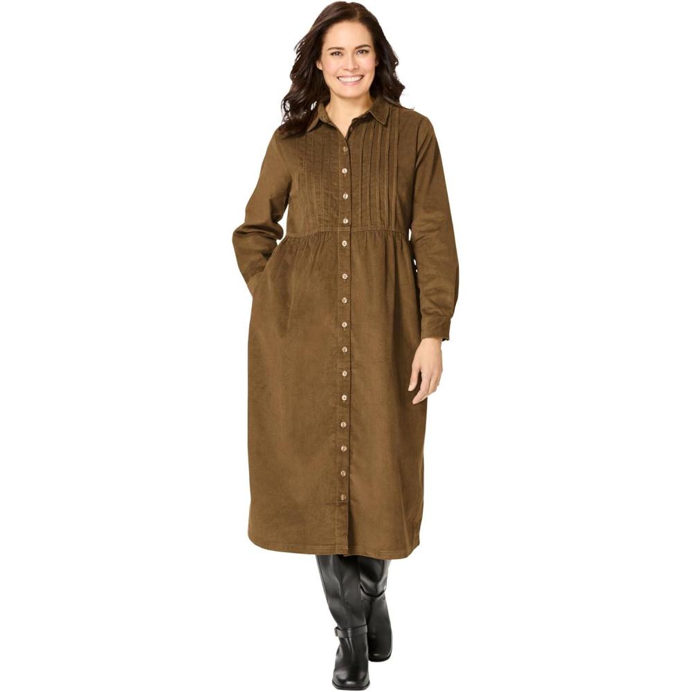 image:imageWoman Within Plus Size Petite Button Front Corduroy DressToffee