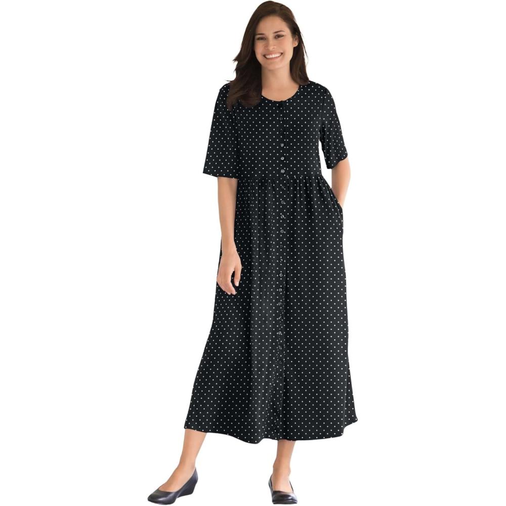 image:imageWoman Within Plus Size ShortSleeve ButtonFront Pocket Dress Petite Available  6X Black Polka Dot