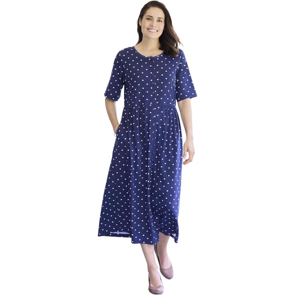 image:imageWoman Within Plus Size ShortSleeve ButtonFront Pocket Dress Petite Available  7X Navy Polka Dot