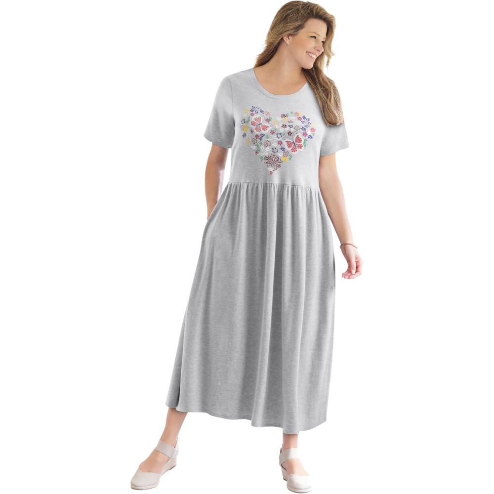 image:imageWoman Within Plus Size ShortSleeve Scoopneck Empire Waist DressHeather Grey Butterfly Heart