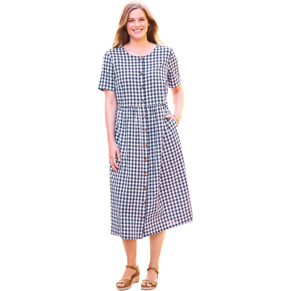 image:imageWoman Within Plus Size ShortSleeve Seersucker DressNavy Gingham
