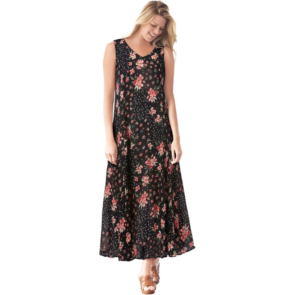 image:imageWoman Within Plus Size Sleeveless Crinkle DressBlack Patch Floral