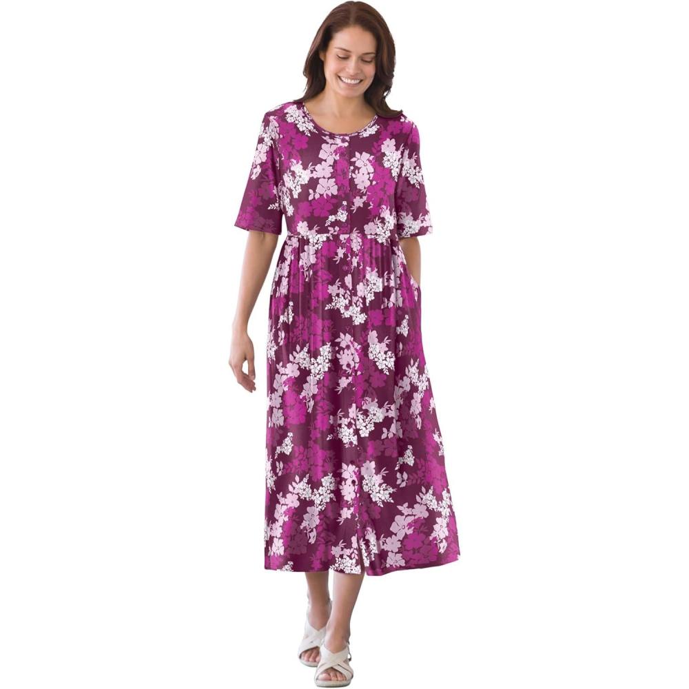 image:imageWoman Within Womens Plus Size ButtonFront Essential DressDeep Claret Graphic Bloom
