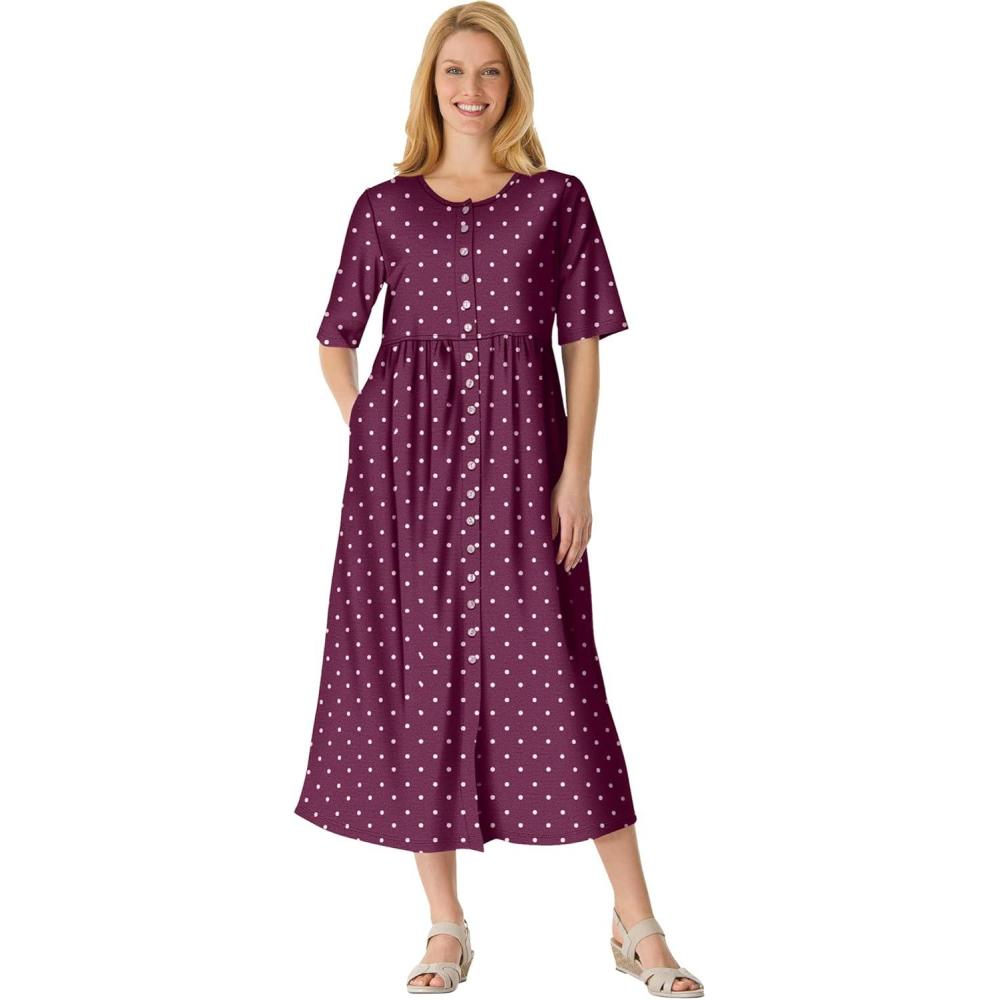 image:imageWoman Within Womens Plus Size ButtonFront Essential DressDeep Claret Polka Dot
