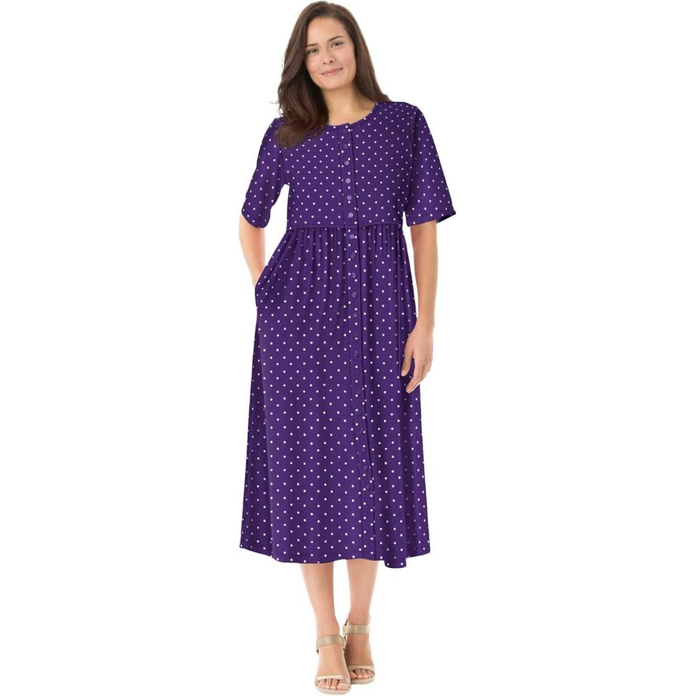 image:imageWoman Within Womens Plus Size ButtonFront Essential DressRadiant Purple Polka Dot
