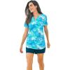 Swim 365 Women’s Plus Size Split-Neck Short Sleeve Swim Tee with Built-in Bra(Blue Multi Leaves)