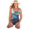 Swimsuits for All Swim 365 Women’s Plus Size One-Piece Tank Swimsuit with Adjustable Straps(Navy Multi Hibiscus Placement)