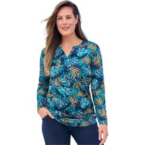 Swim 365 Women’s Plus Size Split-Neck Long Sleeve Swim Tee with Built-in Bra(Vibrant Palm Pink)