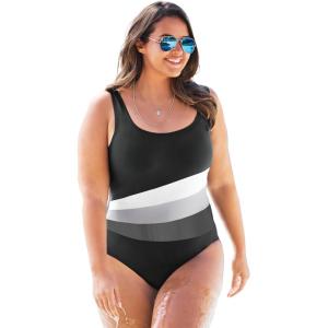 Swimsuits for All Swim 365 Women’s Plus Size Colorblock One-Piece(Black White Anchor)