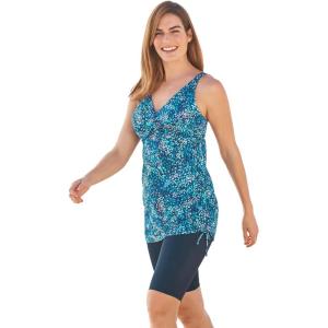Swimsuits for All Swim 365 Women’s Plus Size Longer-Length Side-Tie Tankini Top(Blue Swirl Dot)