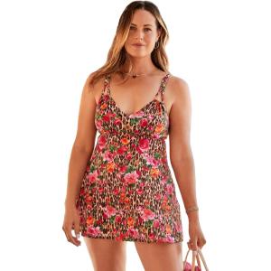 Swimsuits for All Swim 365 Women’s Plus Size Loop Strap Two-Piece Swim Dress(Rose Bloom Leopard)