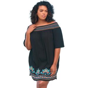 Swimsuits for All Swim 365 Women’s Plus Size Off-The-Shoulder Cover Up(Black Multi)