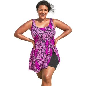 Swimsuits for All Swim 365 Women’s Plus Size Side-Slit Swim Dress(Bright Fuchsia Leaf)
