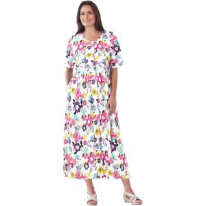 Woman Within Plus Size Short-Sleeve Button-Front Pocket Dress (Petite Available) – 1X, White Multi Garden