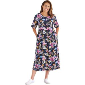Woman Within Plus Size Short-Sleeve Button-Front Pocket Dress (Petite Available) – 2X, Navy Multi Garden
