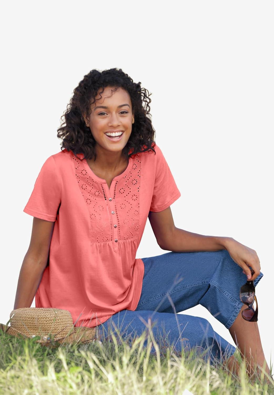 image:imageWoman Within Plus Size Eyelet Henley TeeRaspberry