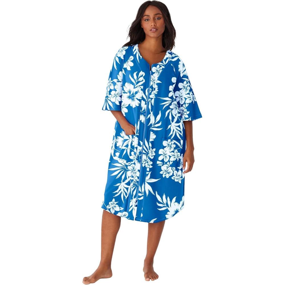 image:imageDreams amp Co Plus Size Short French Terry ZipFront RobePool Blue Shadow Floral